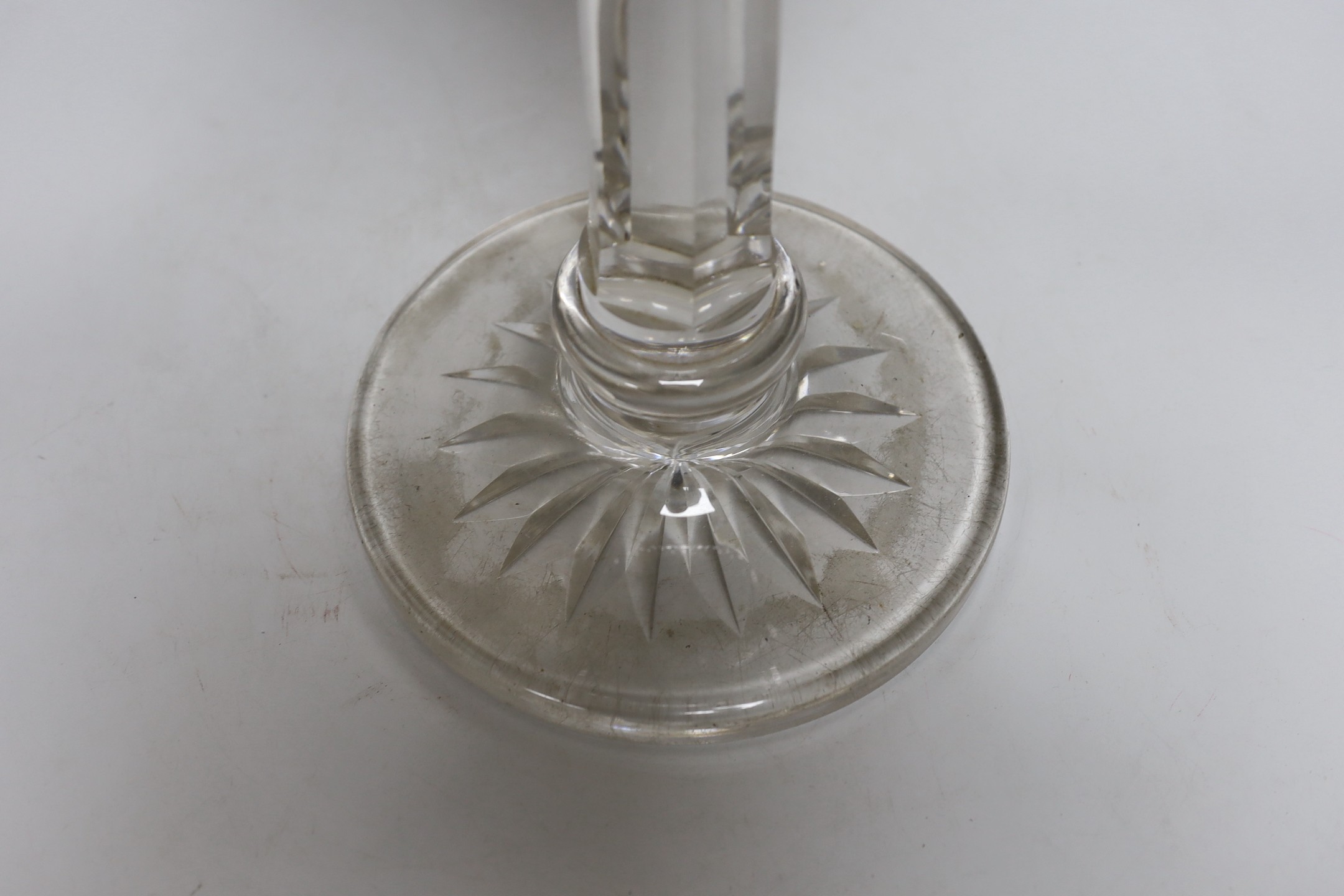 A Victorian clear glass oil lamp. 73cm tall